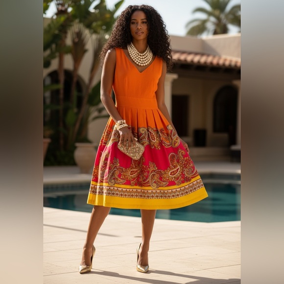 Spense Dresses & Skirts - Spense Orange and Pink Paisley Midi Dress☑️